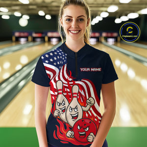 Custom American Flag Bowling Women Polo & 1/4 Zip Shirts Funny Flame Bowling Team Jerseys HNT92