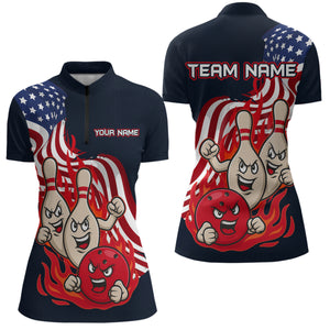 Custom American Flag Bowling Women Polo & 1/4 Zip Shirts Funny Flame Bowling Team Jerseys HNT92