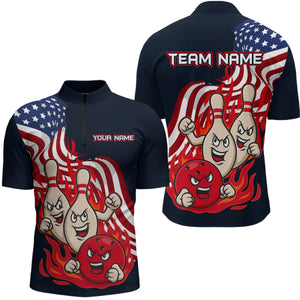 Custom American Flag Bowling Men Polo & 1/4 Zip Shirts Funny Flame Bowling Team Jerseys HNT92