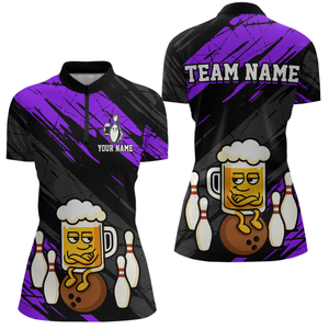 Custom Purple Funny Beer Bowling Jersey for Women Bowling Uniform Polo & 1/4 Zip Bowling Team Shirts HNT107