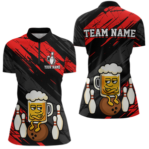 Custom Red Funny Beer Bowling Jersey for Women Bowling Uniform Polo & 1/4 Zip Bowling Team Shirts HNT107