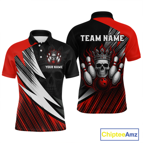 Red Skull Crown Bowling Custom Men Bowling Shirt Polo & Quarter-Zip Bowling Team Jerseys HNT65