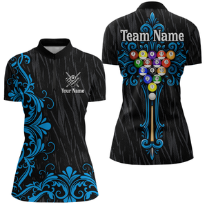 Custom Blue Baroque Pattern Ball Pool Billiard Shirts for Women Team Polo & 1/4 Zip Shirts NNT60