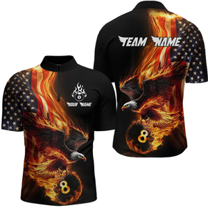 Custom Flaming US Flag Eagle Billiard Jersey for Men Billiard Shirt Billiard Gifts Polo & 1/4 Zip NNT58