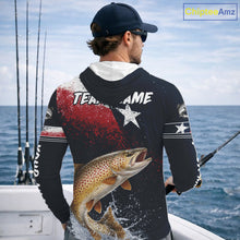 Load image into Gallery viewer, Custom Vintage Brown Trout Long Sleeve Hooded Patriotic Fishing Shirt For Men, Trout Texas Flag Fishing Shirt NHT767