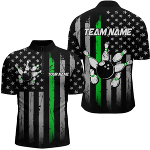 US Green Flag Bowling Shirt for Men Custom Name Polo & Quarter-Zip Bowling Jersey Bowling Team Shirt HNT23