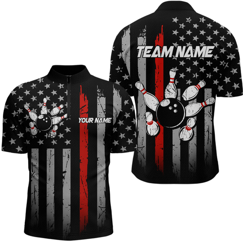 US Red Flag Bowling Shirt for Men Custom Name Polo & Quarter-Zip Bowling Jersey Bowling Team Shirt HNT23