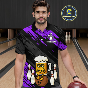 Custom Purple Funny Beer Bowling Jersey for Men Bowling Uniform Polo & 1/4 Zip Bowling Team Shirts HNT107