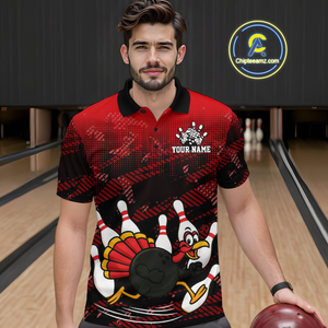 Custom Red Funny Turkey Bowling Jersey for Men Thanksgiving Bowling Team Shirts Polo & 1/4 Zip HNT125