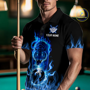 Custom Blue Tiger Flaming 8 Ball Pool Men Billiard Polo & 1/4 Zip Shirts Billiard Team Shirt NNT79