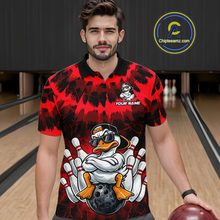 Load image into Gallery viewer, Custom Red Funny Duck Bowling Jersey for Men Bowling Uniform Polo &amp; 1/4 Zip Bowling Team Shirts HNT238