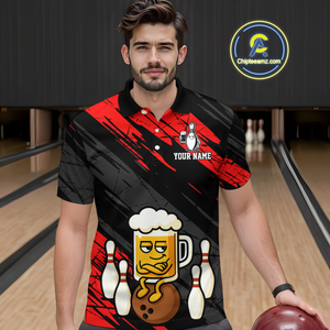 Custom Red Funny Beer Bowling Jersey for Men Bowling Uniform Polo & 1/4 Zip Bowling Team Shirts HNT107