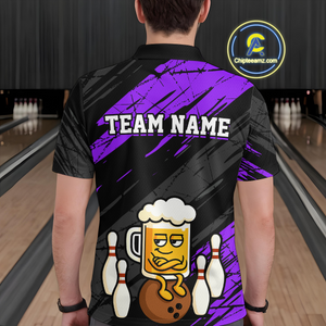 Custom Purple Funny Beer Bowling Jersey for Men Bowling Uniform Polo & 1/4 Zip Bowling Team Shirts HNT107