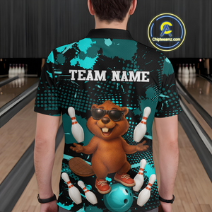 Custom Teal Funny Beaver Bowling Team Shirt Men Bowling League Jersey Polo Bowling Outfit QZT764