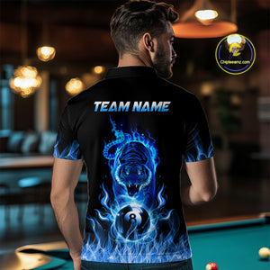 Custom Blue Tiger Flaming 8 Ball Pool Men Billiard Polo & 1/4 Zip Shirts Billiard Team Shirt NNT79