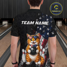 Load image into Gallery viewer, Man wearing a shirt with a cat holding a bowling ball design in a bowling alley.