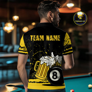 Custom Black and Yellow 8 Ball Beer Billiard Shirts for Men, Billiard Team Polo & 1/4 Zip Shirts NNT68
