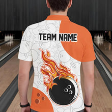 Load image into Gallery viewer, Man wearing custom orange and white bowling polo shirt, back view mockup, personalized bowling league jersey.