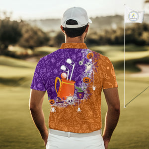 Halloween Skull Playing Golf Mens Golf Polo Shirt Custom Halloween golf outfit For Men Golf Gifts NQS10340
