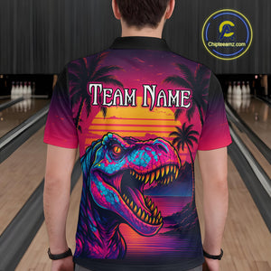 Custom Neon Dinosaur Bowling Men Bowling Shirt Polo & Quarter-Zip Bowling Team Jerseys HNT78
