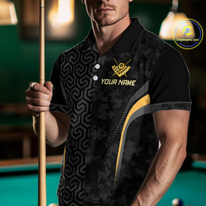 Custom Black Gold 8 Ball Flame Billiard Shirts for Men, Billiard Team Polo & 1/4 Zip Shirts NNT61