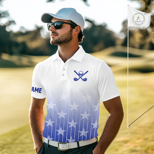 Personalized blue stars pattern white golf polos shirts for men custom gifts for the golfer NQS9965