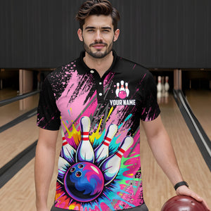 Custom Pink Bowling Shirt for Women Men Bowling Water Color Bowling Polo & 1/4 Zip Shirts MBL37