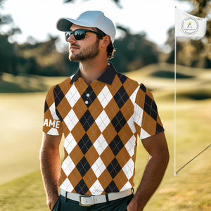 Mens golf polo shirt custom brown argyle plaid pattern golf attire for men NQS9848