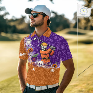 Halloween Skull Playing Golf Mens Golf Polo Shirt Custom Halloween golf outfit For Men Golf Gifts NQS10340