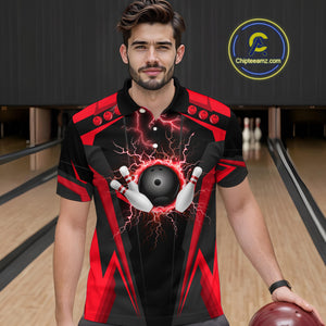 Black Mens bowling Polo, Quarter Zip shirt Custom lightning thunder team league bowling jerseys | Red NQS10373