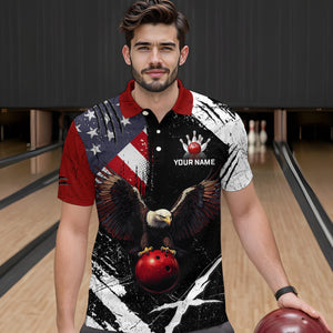 US Flag Eagle Custom Name Bowling Team Shirts For Men Bowling League Polo & 1/4 Zip Shirt HNT06