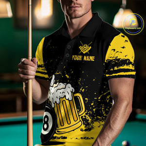 Custom Black and Yellow 8 Ball Beer Billiard Shirts for Men, Billiard Team Polo & 1/4 Zip Shirts NNT68