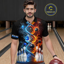 Load image into Gallery viewer, Man wearing custom ice and fire DNA bowling polo shirt, front view mockup, personalized bowling league jersey.