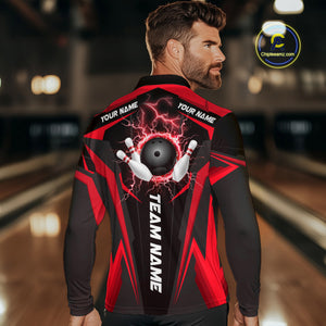 Black Mens bowling Polo, Quarter Zip shirt Custom lightning thunder team league bowling jerseys | Red NQS10373