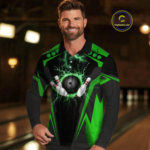 Black Men bowling Polo, Quarter Zip shirt Custom lightning thunder team league bowling jersey | Green NQS10374