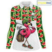 Load image into Gallery viewer, Golfing Flamingo Womens Funny Golf Polo Shirt Custom Green Pattern Watermelon Golf Ball Clothes Shirts NHT740