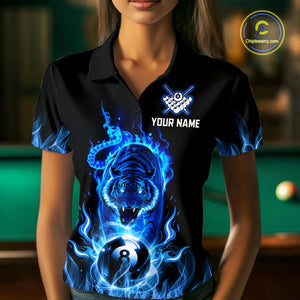 Custom Blue Tiger Flaming 8 Ball Pool Women Billiard Polo & 1/4 Zip Shirts Billiard Team Shirt NNT79