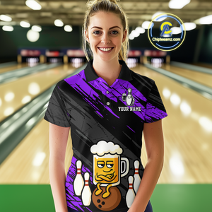 Custom Purple Funny Beer Bowling Jersey for Women Bowling Uniform Polo & 1/4 Zip Bowling Team Shirts HNT107