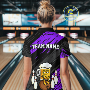Custom Purple Funny Beer Bowling Jersey for Women Bowling Uniform Polo & 1/4 Zip Bowling Team Shirts HNT107