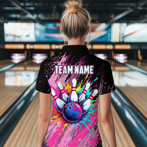 Custom Pink Bowling Shirt for Women Men Bowling Water Color Bowling Polo & 1/4 Zip Shirts MBL37