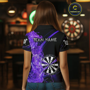 Custom Black And Purple Flame Darts Shirts For Women, Darts Team Jerseys Polo & Quarter Zip Uniform TDM4017