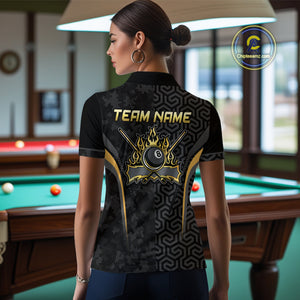 Custom Black Gold 8 Ball Flame Billiard Shirts for Women, Billiard Team Polo & 1/4 Zip Shirts NNT61