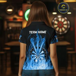 Custom Wolf Dart Shirts For Women – Fire Flame Dartboard Darts Team Jerseys Polo & Quarter Zip |Blue TDM4043