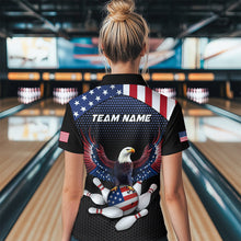 Load image into Gallery viewer, Woman wearing custom american flag with eagle bowling polo shirt, back view mockup, personalized bowling league jersey.