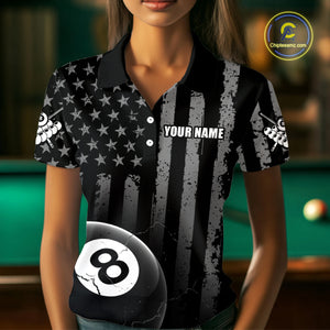 Custom American Flag 8 Ball Billiard Shirts for Women, Billiard Team Polo & 1/4 Zip Shirts NNT64