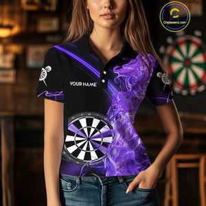 Custom Black And Purple Flame Darts Shirts For Women, Darts Team Jerseys Polo & Quarter Zip Uniform TDM4017