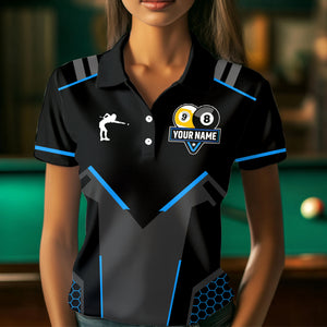 Personalized 8 Ball & 9 Ball Pool Billiard Polo, 1/4 Zip For Women Custom Team Billiard Jerseys |Blue TDM3547