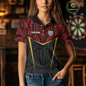 Personalized Red Black Tribal Pattern Darts Polo & 1/4 Zip Custom Dart Shirt For Women, Dart Jerseys TDM4141