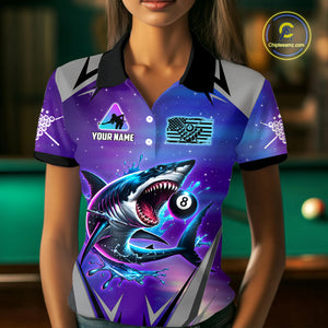 Personalized Shark 8 Ball Pool Billiard Shirt For Women Custom Purple Blue Billiard Team Jersey TDM4367