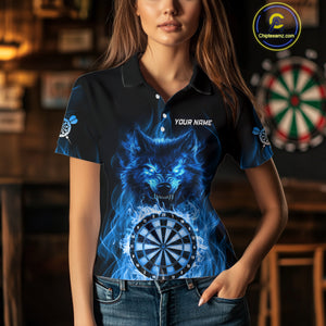 Custom Wolf Dart Shirts For Women – Fire Flame Dartboard Darts Team Jerseys Polo & Quarter Zip |Blue TDM4043